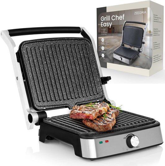 239357 - ZEEGMA Grill Chef Easy – Skarë Elektrike 2-në-1 për Skarë dhe Presë Panini, 2000W, Pjata Qeramike Jo-Ngjitëse, 29 x 23.2 cm², Temperaturë dhe Pjerrësi e Rregullueshme