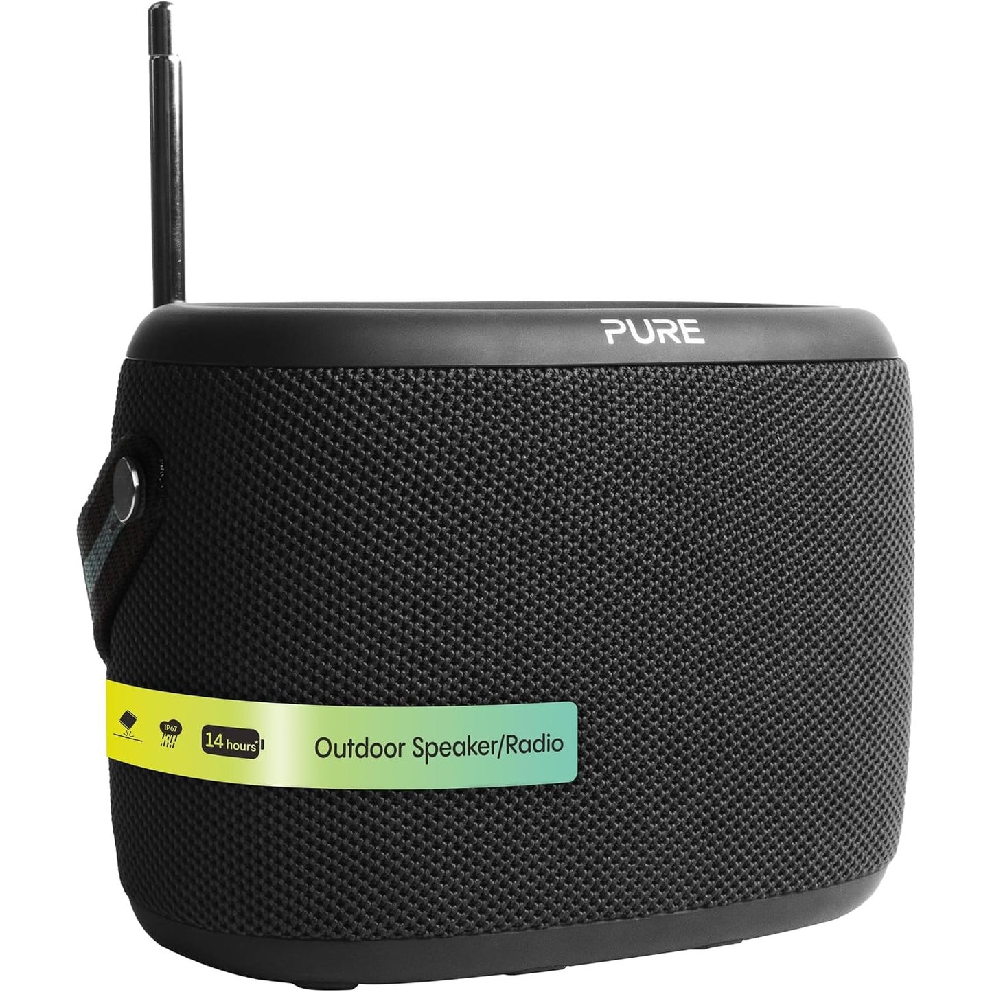 272848 - PURE Altoparlant Bluetooth për ambiente të jashtme Woodland, i papërshkueshëm nga uji, zë 10W, radio DAB+ dhe FM, jetëgjatësi baterie 14 orë, mbrojtje IP67, Bluetooth 5.1 - i zi