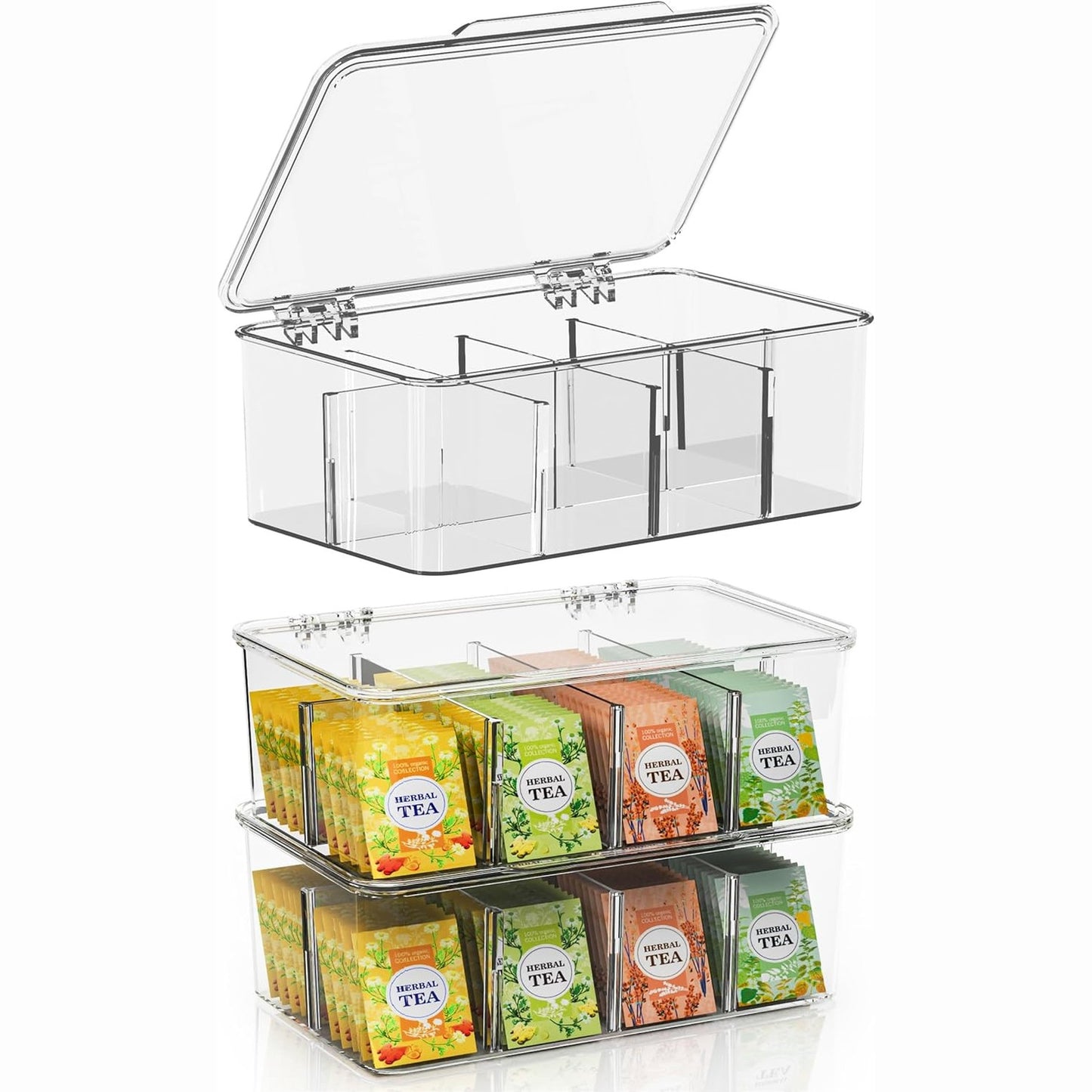 214786 - KICHLY Organizues për qese çaji, Pako me 3, Organizues për ruajtje qesesh çaji me kapak transparent