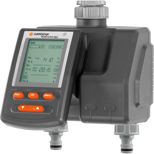 292214 - GARDENA Kohëmatësi i Ujitjes MultiControl Duo, kontroll automatik i ujitjes, ditë të programueshme, deri në 3 ujitje në ditë, ekran LCD, model 1874-20