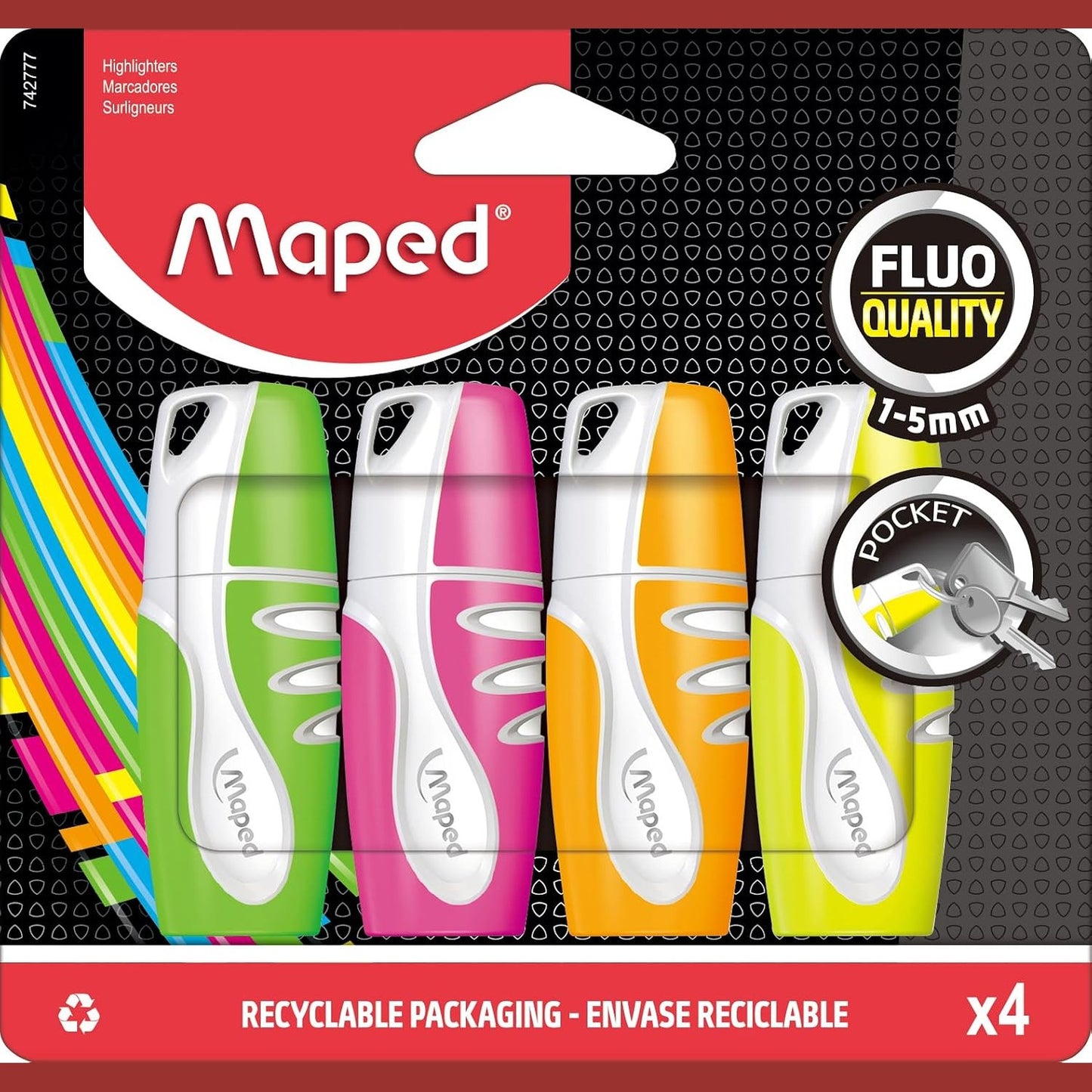 274716 - MAPED - Shënues Xhepi i Butë - 4 Shënues Mini me Ngjyra - të Verdhë, Portokalli, Jeshile dhe Rozë - Majë me Daltë - Gjerësi Vije 1 deri në 5 mm