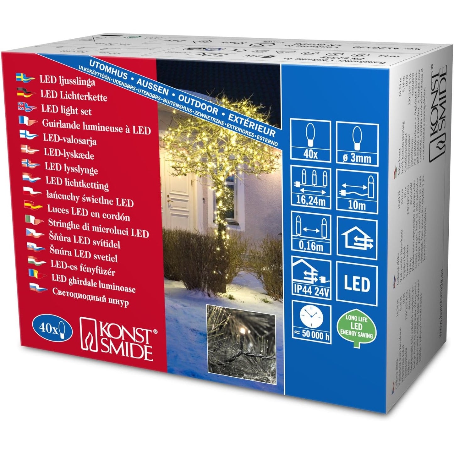 184968 - KONSTSMIDE 3610-110 Drita me Tela Mikro LED për Përdorim të Jashtëm, IP44, Transformatori i Jashtëm 24V, 40 LED të Bardha të Ngrohta, Kabllu e Zezë