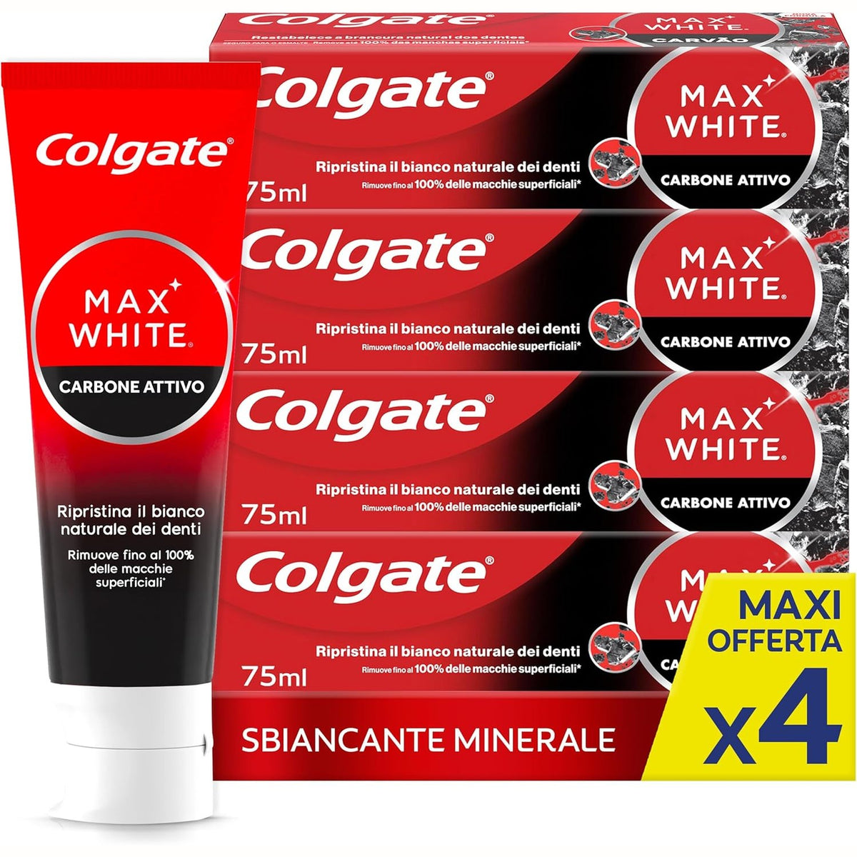 337034 - COLGATE Pastë dhëmbësh zbardhuese Max White Carbon, 4 pako me 75 ml, pastë dhëmbësh minerale e butë me karbon të aktivizuar për dhëmbë të bardhë