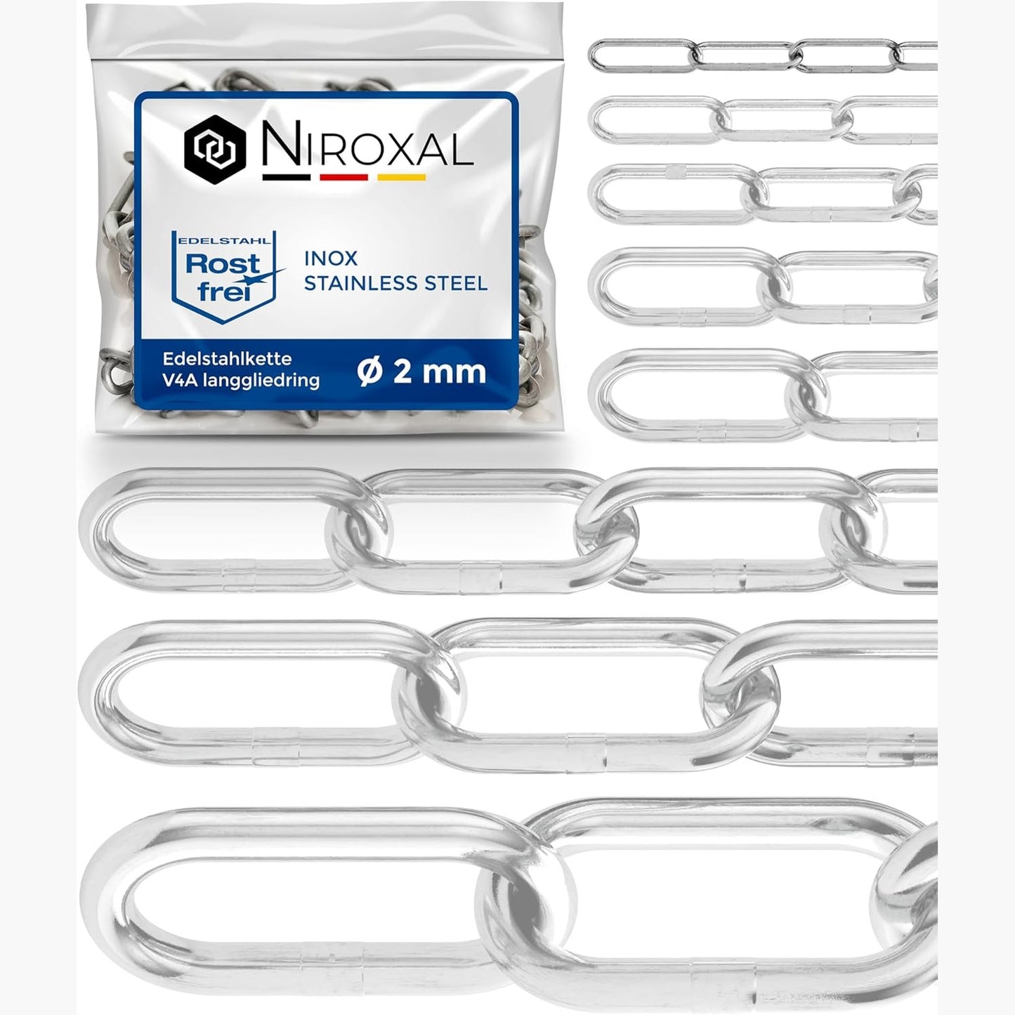 289223 - Zinxhir çeliku inox V4A A4 me hallkë të gjatë DIN 763 / DIN 5685 – 2 mm x 2 m – 1 copë, për aplikime dekorative dhe të lehta