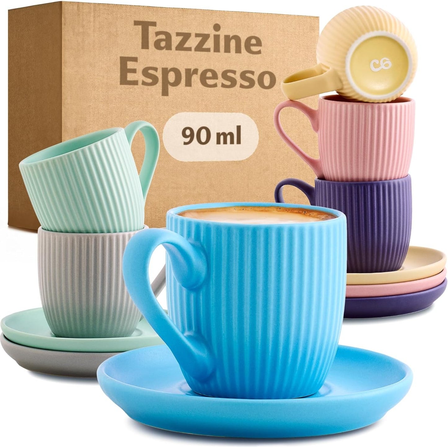 196735 - COSUMY - Set Filxhanësh Espresso me Pjata, 6 copë, Qeramikë, Pastel me Vija, Kapacitet 90ml, i Përshtatshëm për Lavastovilje dhe Mikrovalë