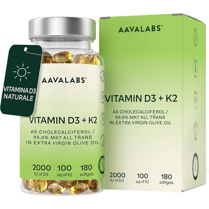 300849 - Dozë e lartë e vitaminës D3 K2 me vaj ulliri të virgjër, 2000 IU + 100μg K2, 180 kapsula