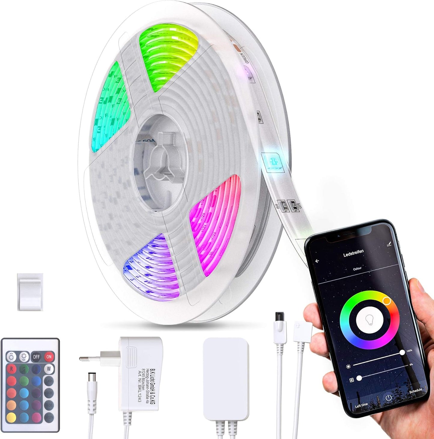 197768 - BKLIGHT Shirit LED Inteligjent 5m, WiFi, RGB, Errësim Drite, Ndryshim Ngjyre, Veshje Silikoni, Vetëngjitës, me Telekomandë