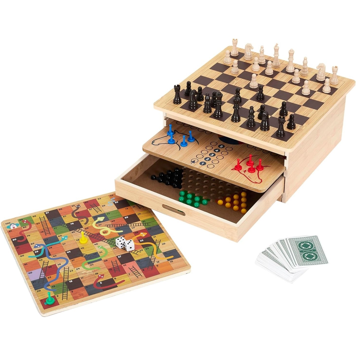 213344 - MISTER GADGET Set me 10 Lojëra Tavoline prej Druri - Shah - Damë - Ludo - Gjarpërinj dhe Shkallë - Solitaire - Tavëll - Damë Kineze - Poker - Zarë - Awale