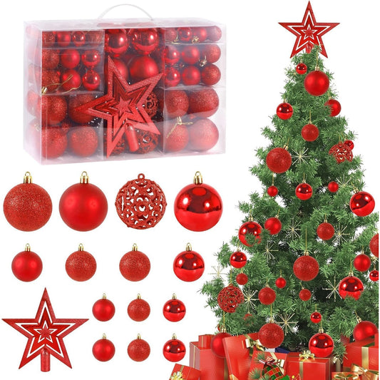 206028 - CIRULLI Set me 101 copë Topa të Kuqe për Pemën e Krishtlindjeve, nga Plastika, Ø 3, 4 dhe 6 cm, Dekorime Festive, të Forta dhe të Papërshkueshme nga Thyrimi, me Pajisje Varëse