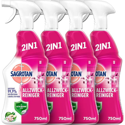 318147 - SAGROTAN Pastrues Shumëfunksional Blossom Fresh & Green Apple, Pastrues Dezinfektues 2 në 1, 4 Shishe Spërkatëse 750 ml