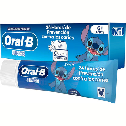 298923 - ORAL-B PRO JUNIOR DISNEY STITCH PASTË DHËMBËSH PËR FËMIJË, HEQ PLLAKËN DHE PARANDALON KARIESIN, PASTË DHËMBËSH PËR FËMIJË 6-12 VJEÇ, SHIJE E BUTË MENTEJE, 75 ML