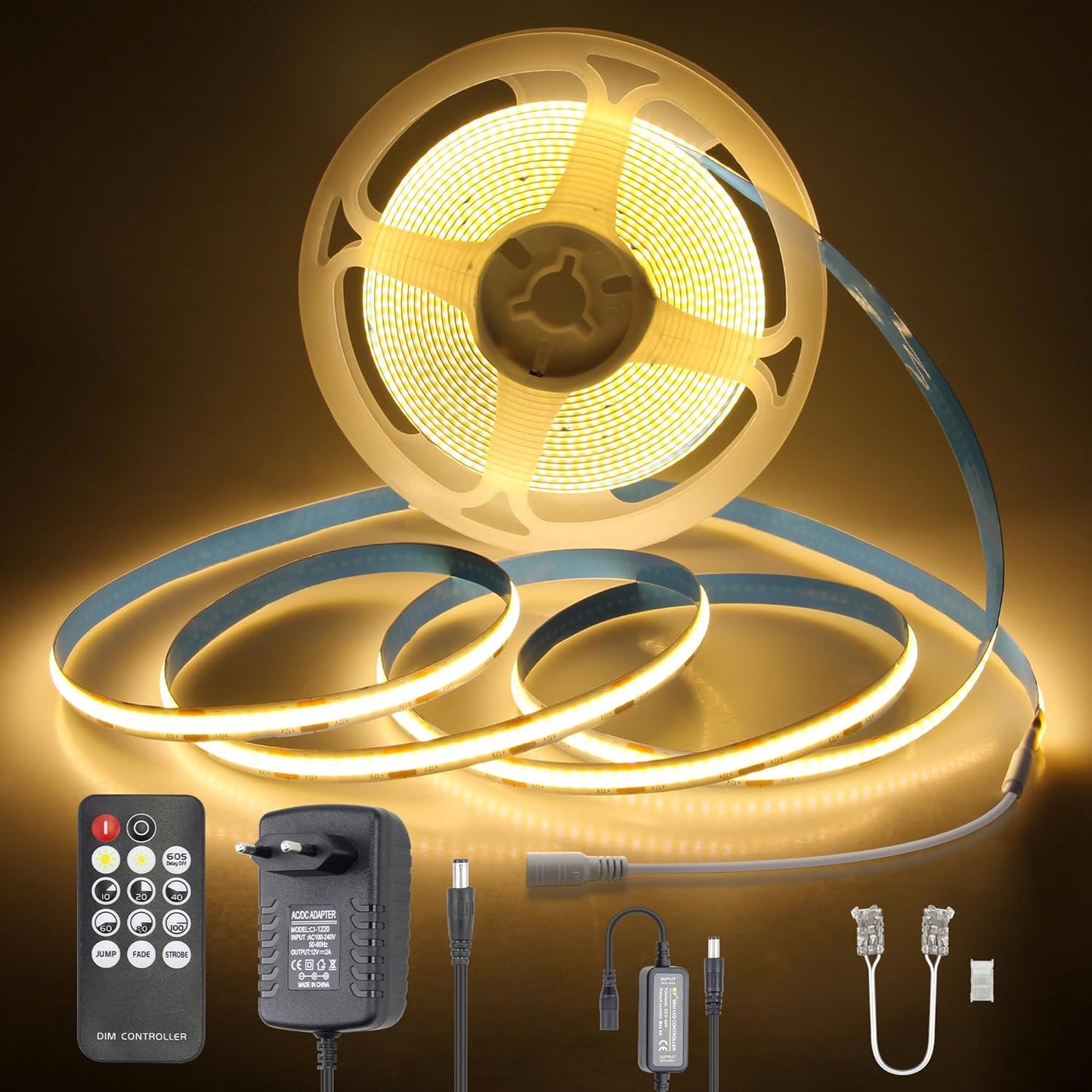 222901 - ACLOROL Shirit LED COB, 5M, 12V, 320 LED/M, CRI>85, 3000K, fleksibël, me Telekomandë