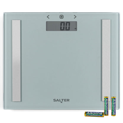 275468 - SALTER Peshorja kompakte prej qelqi për analizën e trupit, kapacitet 150 kg, ekran LCD, teknologji me hapa sipër, bateri të përfshira