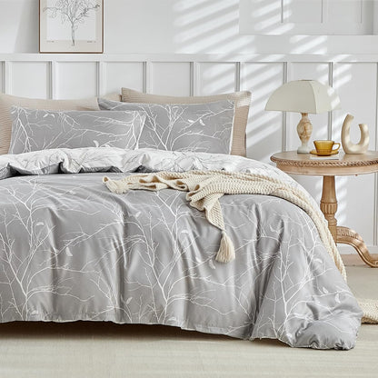 256253 - Tokokimo Set Mbulesash Jorgani për Shtrat 135/150 cm - Set Mbulesash Jorgani Mikrofibre 220x240 cm me Zinxhir - dhe 2 Mbulesa Jastëku 50x75 cm - Dizajn në Stilin e Degëve dhe Gjetheve, Gri/E Bardhë