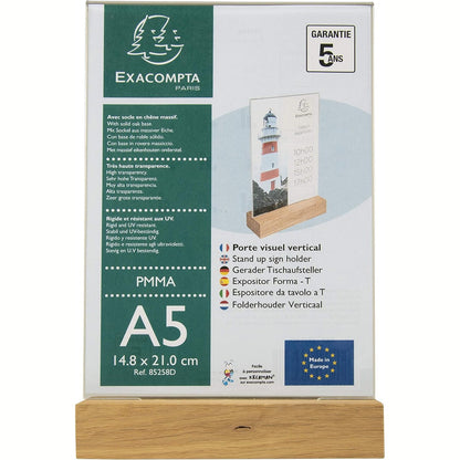 266876 - EXACOMPTA Mbajtëse Ekrani Vertikale A5 me Bazë Druri - Dimensionet 148 x 210 mm - PMMA (akrilik) - Ngjyrë Kristali