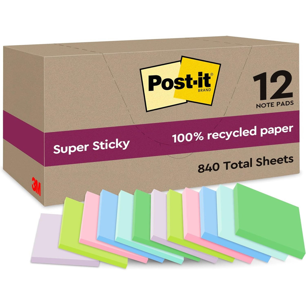 310243 - Letër shënimesh Post-it Super Ngjitëse 100% të Ricikluara, 10 blloqe, 70 fletë, 47.6 mm x 47.6 mm, Rozë, Jeshile, Blu, Vjollcë, e Verdhë