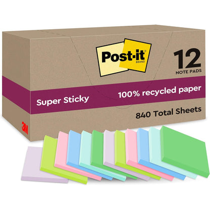 310243 - Letër shënimesh Post-it Super Ngjitëse 100% të Ricikluara, 10 blloqe, 70 fletë, 47.6 mm x 47.6 mm, Rozë, Jeshile, Blu, Vjollcë, e Verdhë