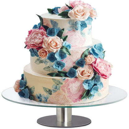 219496 - Relaxdays Mbajtëse Torte me Këmbë, Ø 30 cm, Pjatë Torte Rrotulluese, Qelq & Çelik Inoks, Transparente/Argjendtë