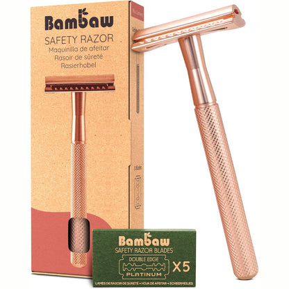 317552 - BAMBAW - Briskë sigurie metalike për femra me 5 tehe zëvendësuese prej çeliku inox suedez, brisk manual për një rruajtje të pastër dhe të lëmuar, e qëndrueshme dhe e lehtë për t’u përdorur (ar rozë)