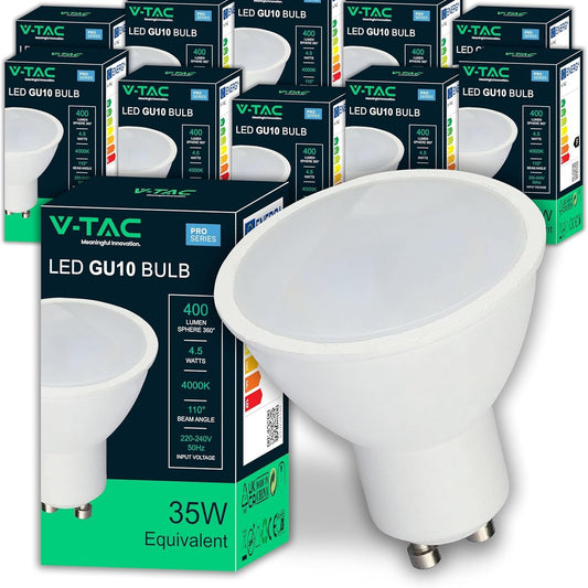 137282 - V-TAC Llampë LED 10x GU10, Efikasitet 4.5W, 400 Lumen, Ekuivalent me 35W, Dritë Natyrale 4000K