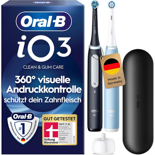 289422 - ORAL-B Furçë dhëmbësh elektrike iO Series 3, Pako me dy pjesë, e zezë/blu, 2D teknologji, 3 nivele intensiteti, 1.5 orë jetë baterie
