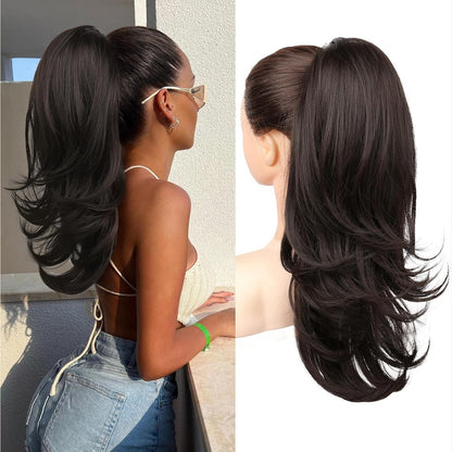 290052 - FLUFYMOOC Paruke PonyTail 50 cm me kordon për femra, Paruke sintetike e zezë-kafe