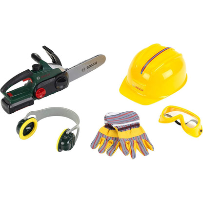298066 - THEO KLEIN Set druvari Bosch 8532, me sharrë elektrike me zinxhir, efekte zanore, funksion drite, helmetë, mbrojtëse veshësh, syze dhe doreza, për fëmijë 3 vjeç e lart