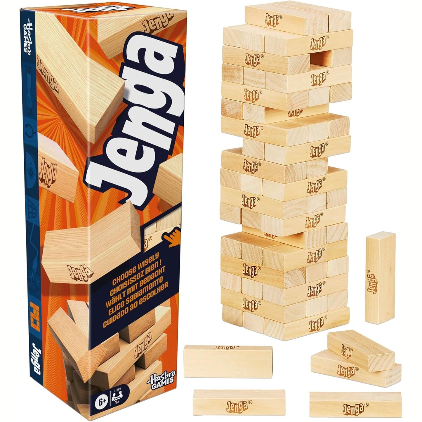 270101 - Lojë zyrtare Hasbro Games Jenga | Zare dixhitale për 6 mënyra të tjera për të luajtur | Lojë origjinale me blloqe druri | Kullë grumbullimi | Mosha 6+ | 1+ lojtarë | Lojëra për festa