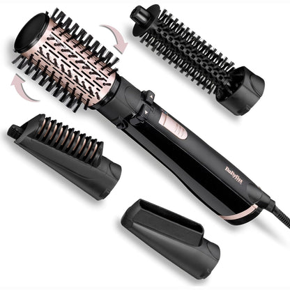 275024 - BABYLISS FURÇË DHE STILUES DRY, STRAIGHTEN AND STYLE - FURÇË RROTULLUESE ME AJËR TË NXEHTË, STILUES FLOKËSH JONIK 1000W ME 4 SHTOJCA, I ZI, AS200E