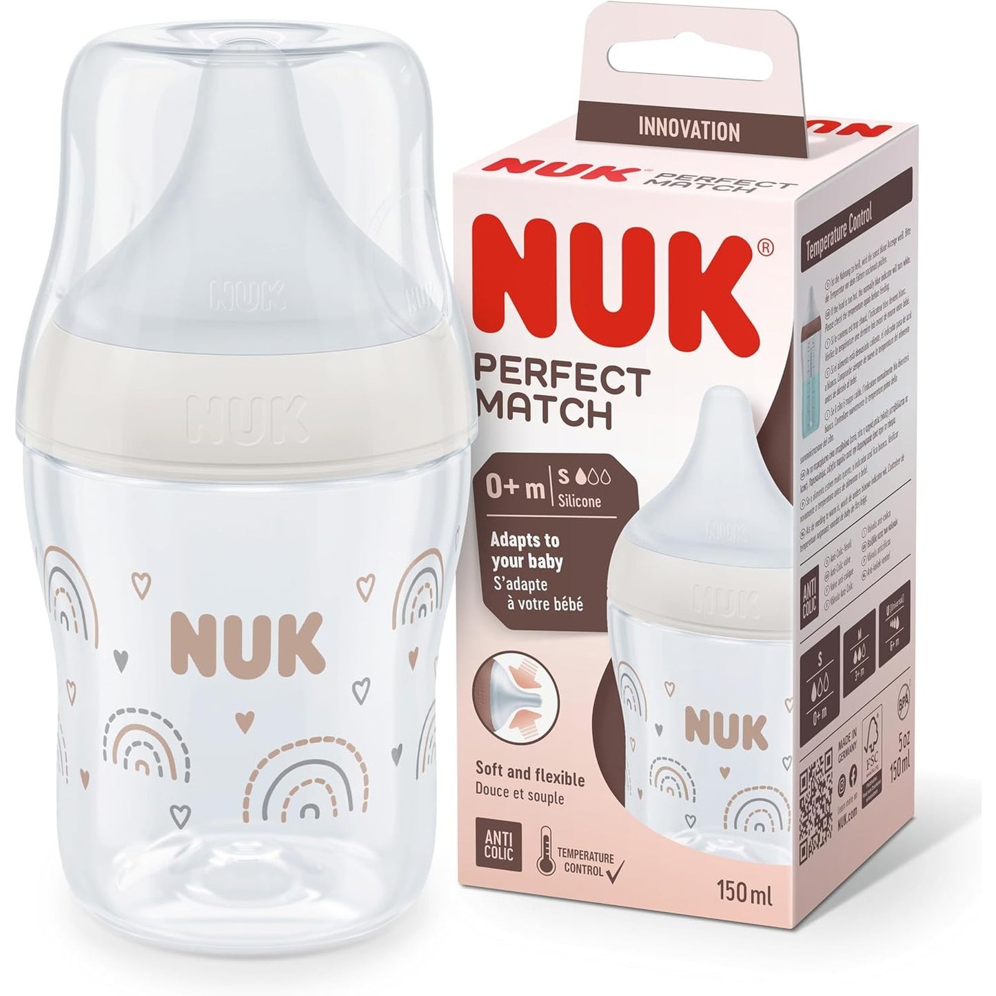 318555 - NUK - Shishe për foshnje Perfect Match, 0+ muaj, kontroll i temperaturës, ventilim kundër kolikave, 150 ml, Pa BPA, thithë e vogël silikoni, Ylber