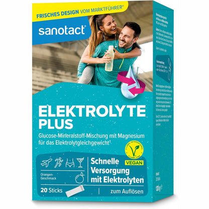 308415 - SANOTACT Electrolytes Plus, 20 bustina, pluhur elektroliti, 100% vegan, shije portokalli