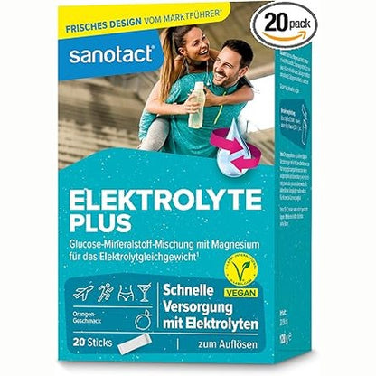 322130 - SANOTACT - Electrolytes Plus (20 bustina), pluhur elektroliti për ekuilibrin e lëngjeve, 100% vegan, shije portokalli