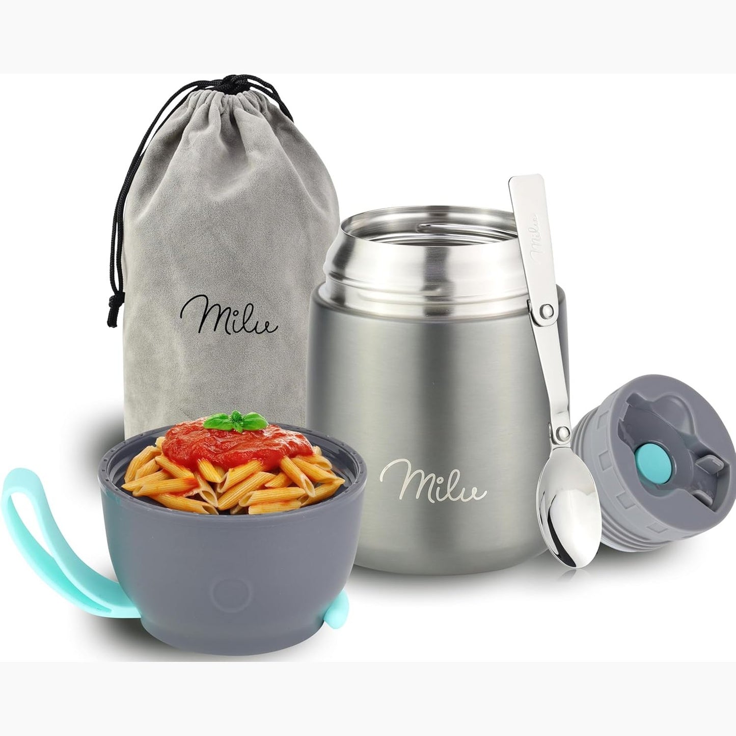 167694 - MILU® Enë Ushqimi e Izoluar prej Çeliku Inox, 450ml, gri, përfshin Lugë, Gotë Termosi, Kuti Termo Dreke për Fëmijë dhe të Rritur, Kuti Termosi për Supa dhe Ushqim për Foshnje