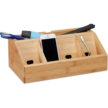 217980 - RELAXDAYS Bambu L x G x Th: afërsisht 11 x 30 x 17.5 cm, mbajtëse telefoni, stacion karikimi, kuti ruajtjeje për zyrë me 5 ndarje, natyrale, organizues tavoline, 17.5 x 30 x 11 cm