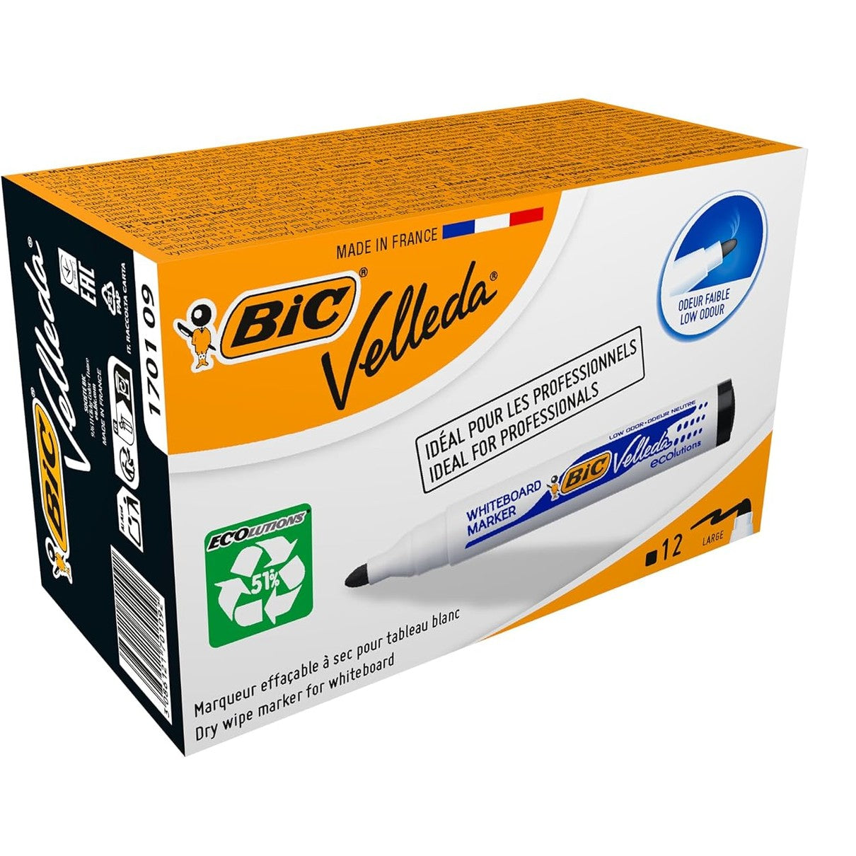 274271 - BIC Shënues për tabelë të bardhë Velleda, idealë për materiale shkollore dhe zyre, 1701 ecolutions, 51% material i ricikluar, i zi, majë mesatare, kuti me 5 copë