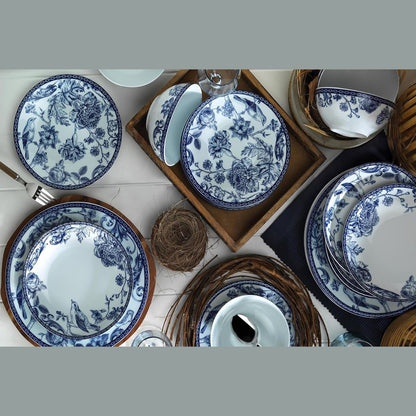 221047 - Set elegant darke me 24 pjesë, 100% porcelan, blu dhe e bardhë, përfshin pjata servirjeje, tasa, pjata ëmbëlsirash, mund të lahet në lavastovilje dhe mikrovalë