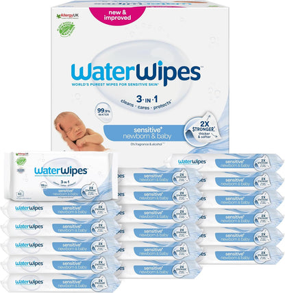 315954 - WATERWIPES Peceta Sensitive+ për të porsalindur dhe bebe, 720 peceta (12 pako), 99.9% ujë, pa aromë