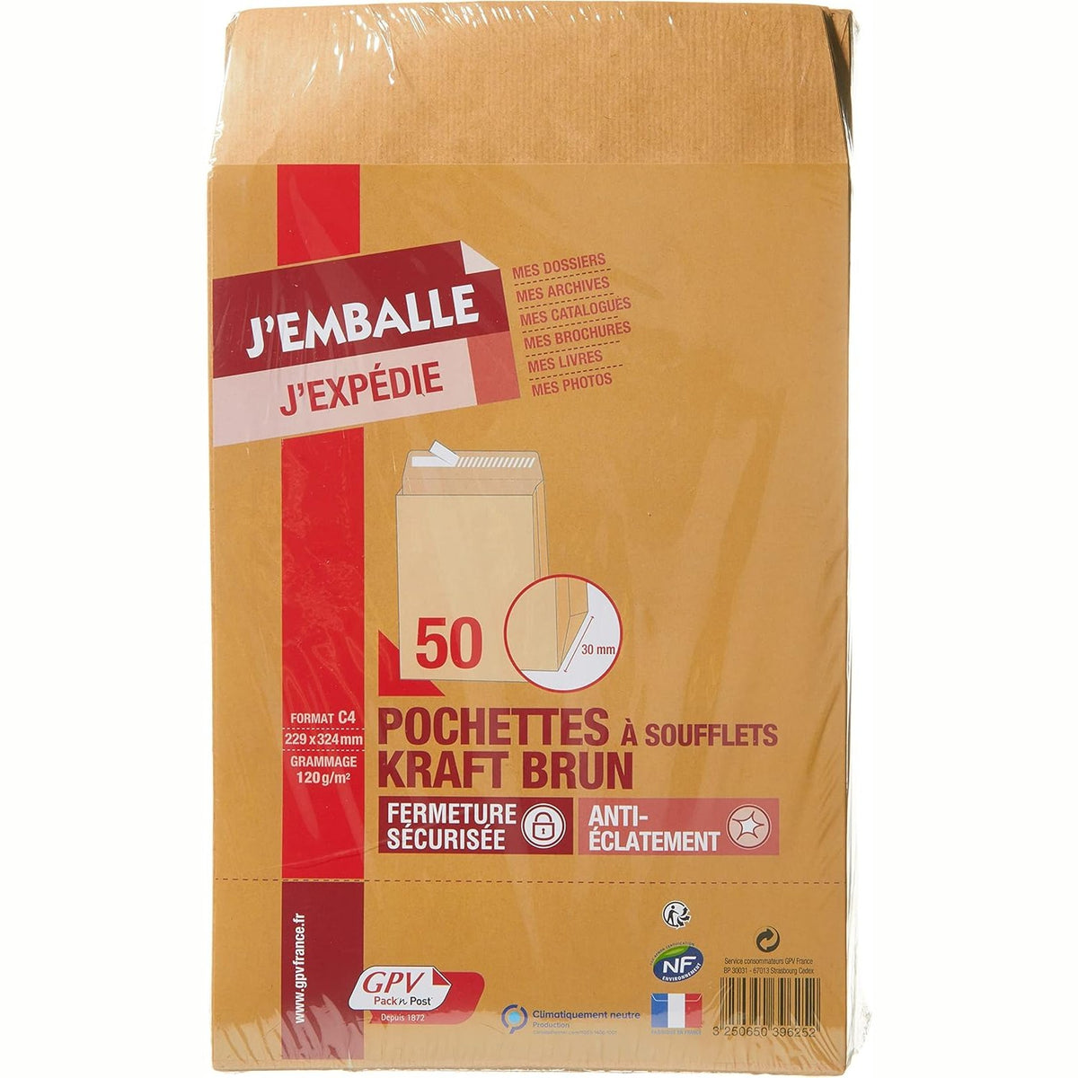 309120 - GPV Pako me 50 xhepa kraft ngjyrë kafe vetëngjitës, format C4 229 x 324 mm, me unazë mbrojtëse 30 mm, 120g