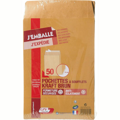 309120 - GPV Pako me 50 xhepa kraft ngjyrë kafe vetëngjitës, format C4 229 x 324 mm, me unazë mbrojtëse 30 mm, 120g