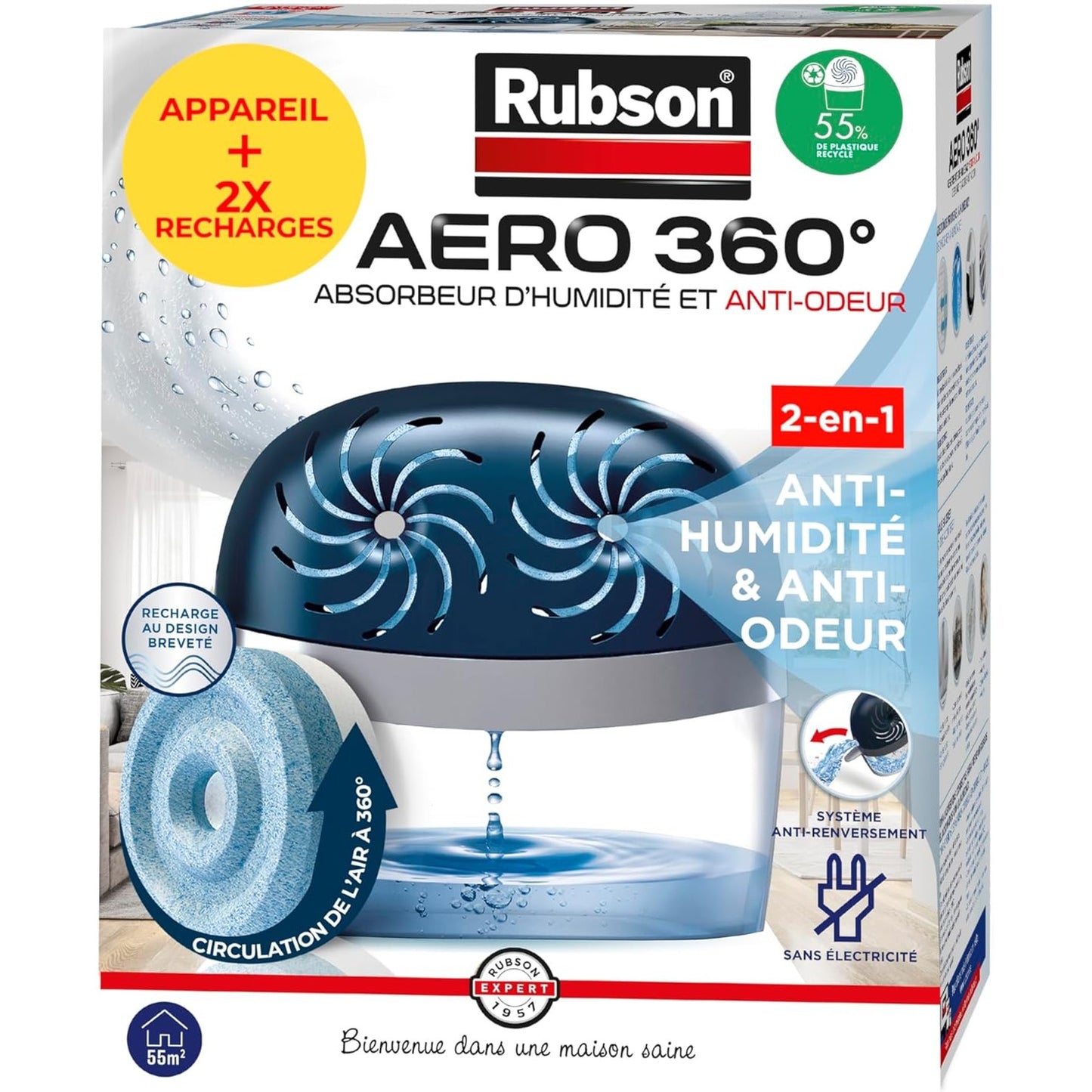 222474 - Rubson Aero 360° Thithës Lagështie, për dhoma deri në 40 m², Tharës ajri kundër mykut dhe erës, 2 mbushje neutrale 450g të përfshira