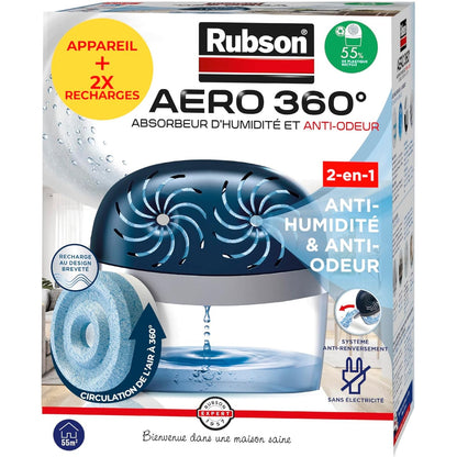 222474 - Rubson Aero 360° Thithës Lagështie, për dhoma deri në 40 m², Tharës ajri kundër mykut dhe erës, 2 mbushje neutrale 450g të përfshira