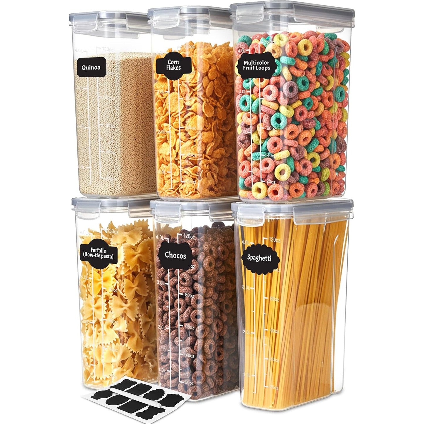 261989 - KICHLY Kavanoza Ruajtjeje, Set prej 6 copësh, enë plastike hermetike pa BPA për ruajtjen e makaronave, drithërave, miellit, orizit