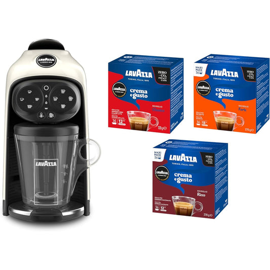 144101 - LAVAZZA, A Modo Mio Aparati për Kafe Deséa me Krem të Bardhë, 1500W, 220-240V, 50/60Hz, Kapacitet Maksimal per 10 Kapsula dhe 1.1L Ujë, përfshirë 88 Kapsula me Aromë dhe Krem të Ndara