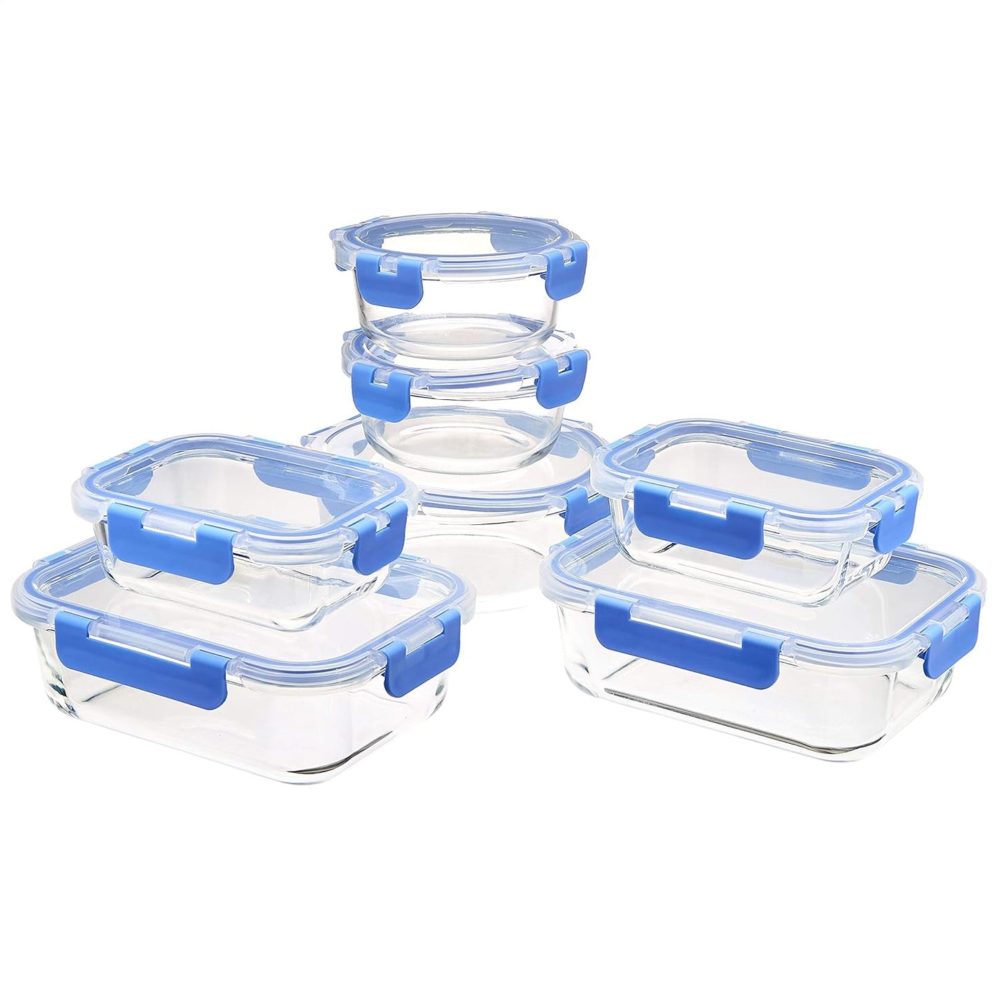 214148 - AMAZON BASICS Enë qelqi për ruajtjen e ushqimit, 14 copë, 7 enë dhe 7 kapakë, pa BPA, transparente me unazë silikoni blu