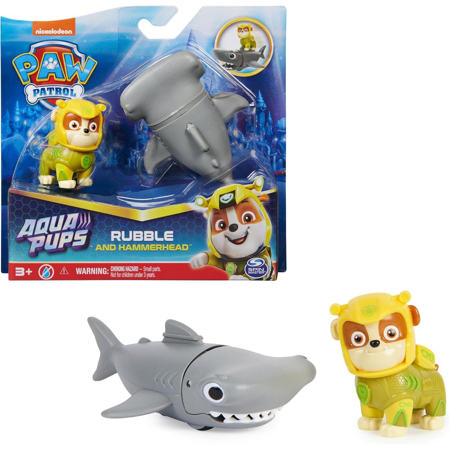 267909 - Paw Patrol Set figurash aksioni Aqua Pups me 1 figure qenushi Rubble dhe 1 figure peshkaqeni me kokë çekiçi, lodër e përshtatshme për fëmijë 3 vjeç e lart
