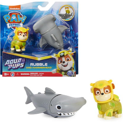 267909 - Paw Patrol Set figurash aksioni Aqua Pups me 1 figure qenushi Rubble dhe 1 figure peshkaqeni me kokë çekiçi, lodër e përshtatshme për fëmijë 3 vjeç e lart