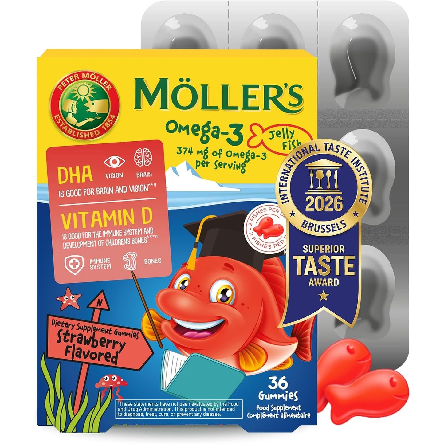290268 - MOLLER'S Omega 3 për Fëmijë, Vaj Peshku Omega 3 me DHA dhe EPA, Pa Gluten, Pa Laktozë, Pa Sheqer të Shtuar, 36 copë