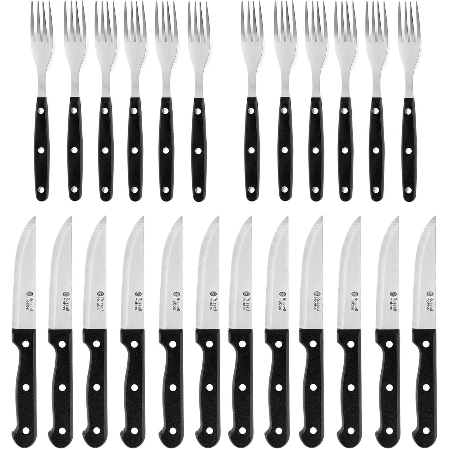 213501 - RUSSELL HOBBS Set thikash dhe pirunësh për biftek me 24 pjesë - Shërbim për 6, Thika dhe pirunj të mprehtë me tehe të dhëmbëzuara prej çeliku inox
