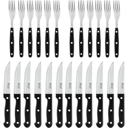 213501 - RUSSELL HOBBS Set thikash dhe pirunësh për biftek me 24 pjesë - Shërbim për 6, Thika dhe pirunj të mprehtë me tehe të dhëmbëzuara prej çeliku inox