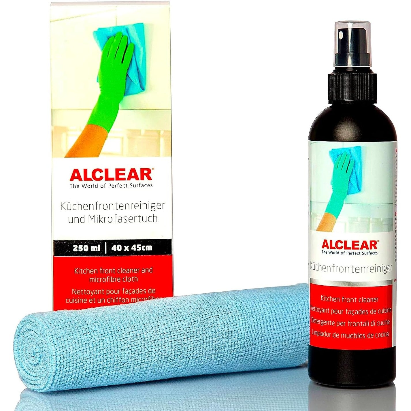 229422 - ALCLEAR 721KR Pastrues për Fasadën e Kuzhinës 250 ml me leckë mikrofibre 40x40 cm, për fasada me shkëlqim, të llakuar dhe plastike, pa alkool, pa tretës, heq yndyrën, pa njolla, pa push.